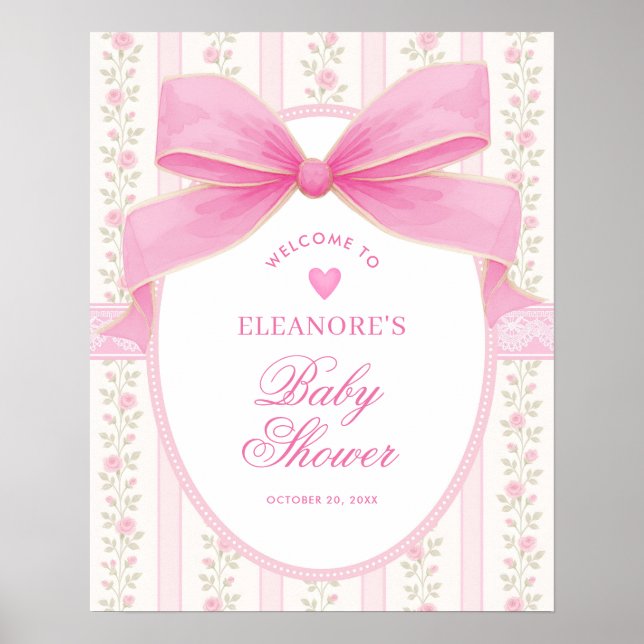 Coquette Pink Bow Roses Girl Baby Shower Welcome Poster (Vorne)