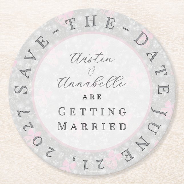 Coquette Pink bow-Save-the-Date coaster Runder Pappuntersetzer (Vorderseite)