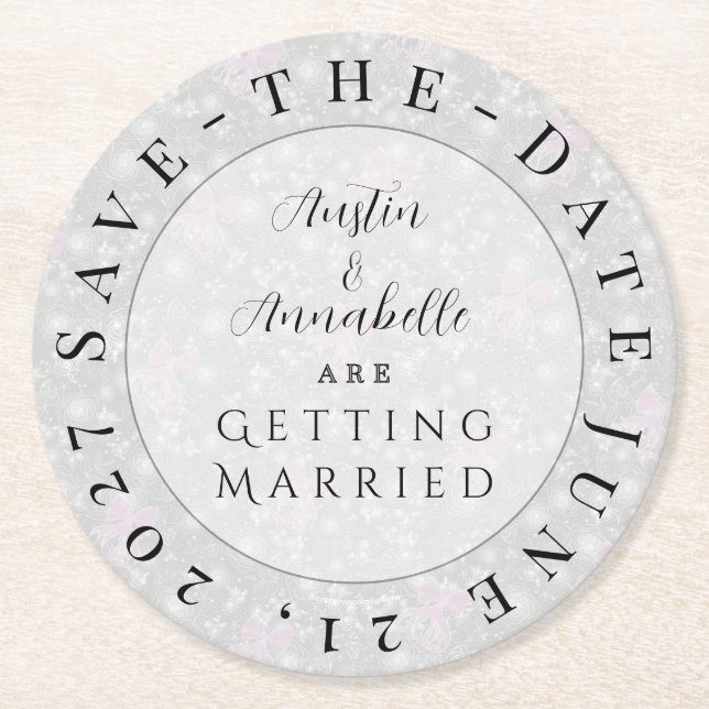 Coquette Pink bow-Save-the-Date coaster Runder Pappuntersetzer (Vorderseite)