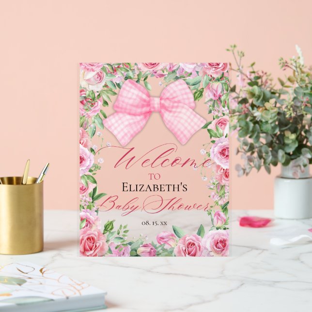 Coquette Pink Bow und Rose Kinderdusche Empfang Acrylschild (Hochzeit)