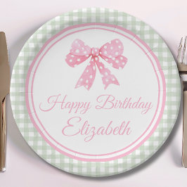Coquette Pink Bow und Sage Gingham Birthday Pappteller