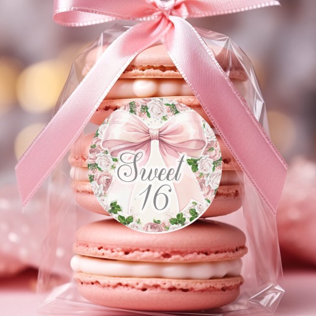 Coquette Pink Bow Vintag Sweet 16 Runder Aufkleber (Pink bow Sweet 16 sticker )