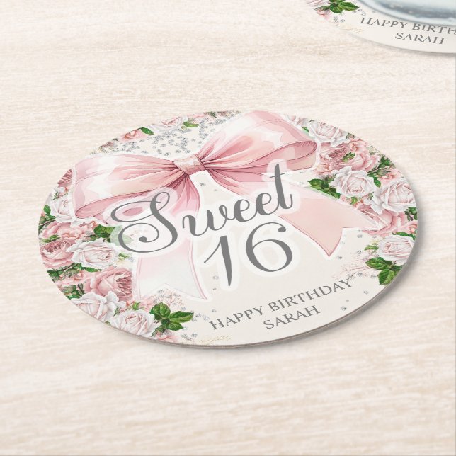 Coquette Pink Bow Vintag Sweet 16 Runder Pappuntersetzer (Angewinkelt)