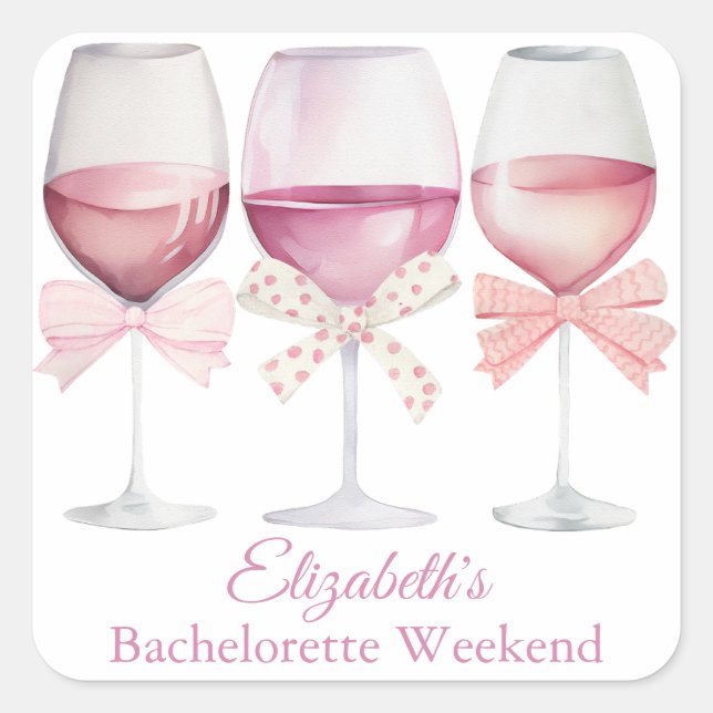 Coquette Pink Bows and Wine Bachelorette Quadratischer Aufkleber (Vorderseite)