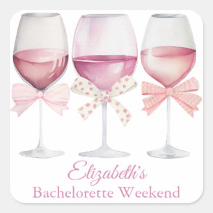 Coquette Pink Bows and Wine Bachelorette Quadratischer Aufkleber