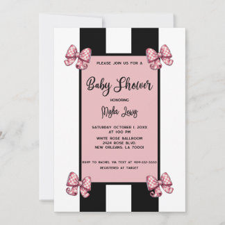 Coquette Pink Bows Black Stripe Baby Dusche Einladung