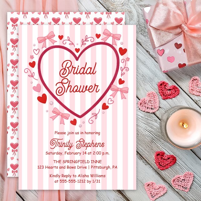 Coquette Pink | Red Hearts and Bows Bridal Shower Einladung (Pink | Red Coquette Hearts and Bows with Pink | White Stripes Bridal Shower Invitation Print Digital)