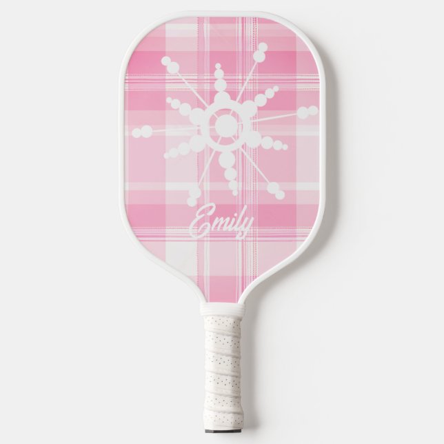 Coquette Pink Snowflake Karierter Name Pickleball Schläger (Vorderseite)