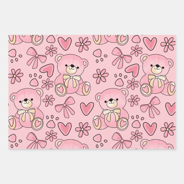 Coquette Pink Teddy Bear Seamless Pattern Geschenkpapier Set (Vorderseite)