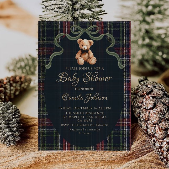 Coquette Plaid Teddy Bear Baby Shower Invitation Einladung (Von Creator hochgeladen)