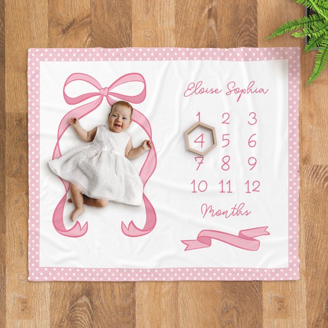 Coquette Polka Dot Pink Bow Baby Girl Milestone Fleecedecke (Von Creator hochgeladen)
