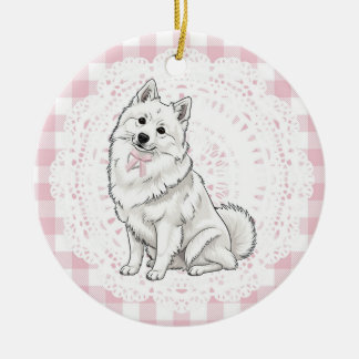 Coquette Pomeranian Dog Pink Gingham Bows Keramik Ornament