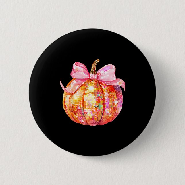 Coquette Pumpkin Bow Disco Ball Cute Girly Hallowe Button (Vorderseite)