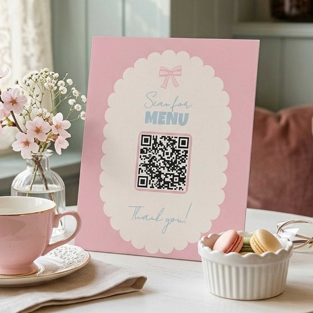 Coquette QR-Code-Menü Rosa Schleife Pastell Café-D Sockelschild (Von Creator hochgeladen)