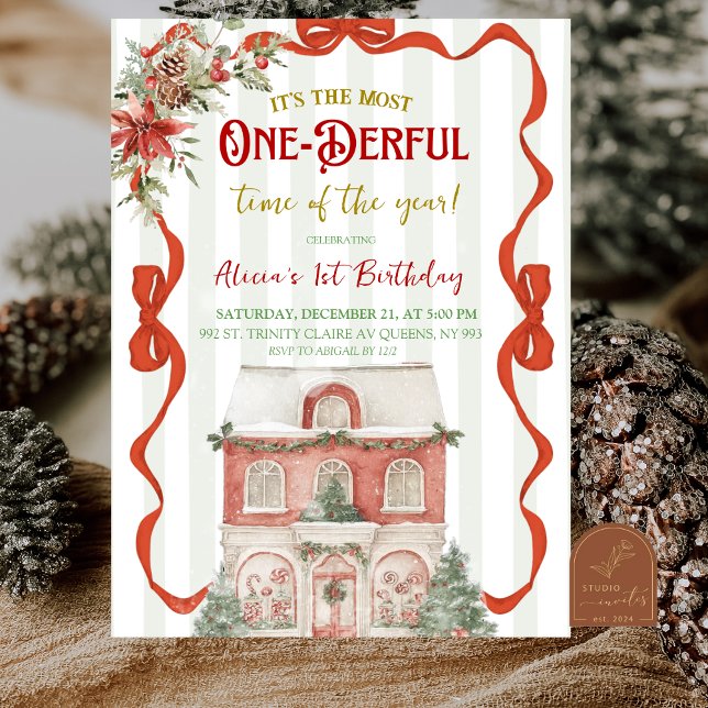 Coquette Red Bow Christmas Sweet Shop 1st Birthday Einladung (Von Creator hochgeladen)