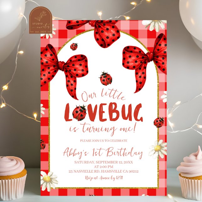 Coquette Red Bow Lovebug First Birthday Invitation Einladung (Von Creator hochgeladen)
