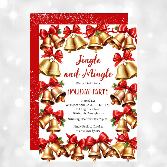Coquette Red Bows | Bells Weihnachtsfeier Einladung (Coquette Red Bows and Jingle Bells Christmas Holiday Party Invitation)