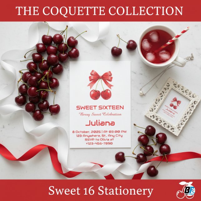 Coquette Red Cherry Bow Berry Sweet 16 Birthday Einladung (RED BERRY THEME)