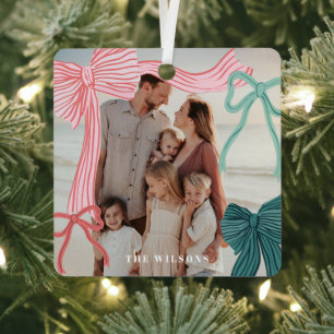 Coquette Red & Green Bows Foto Weihnachtsfeiertag Ornament Aus Metall