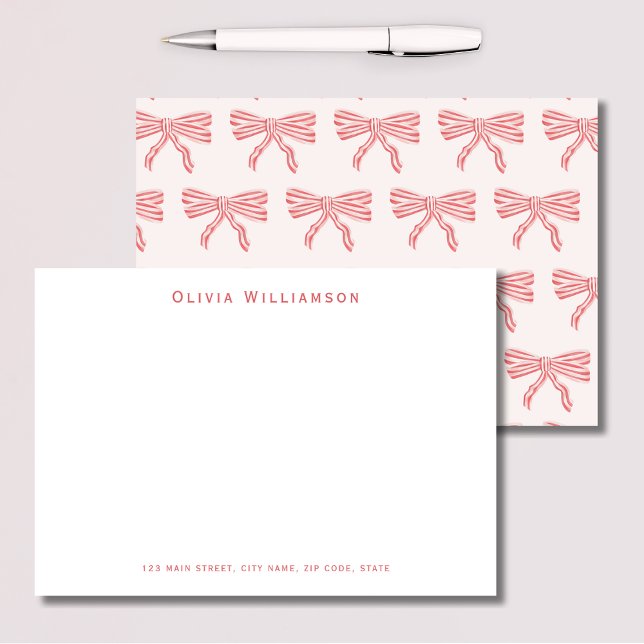Coquette Rosa Bogen Dankeskarte (Cute pink striped bow personalized notecards for coquette aesthetic.)