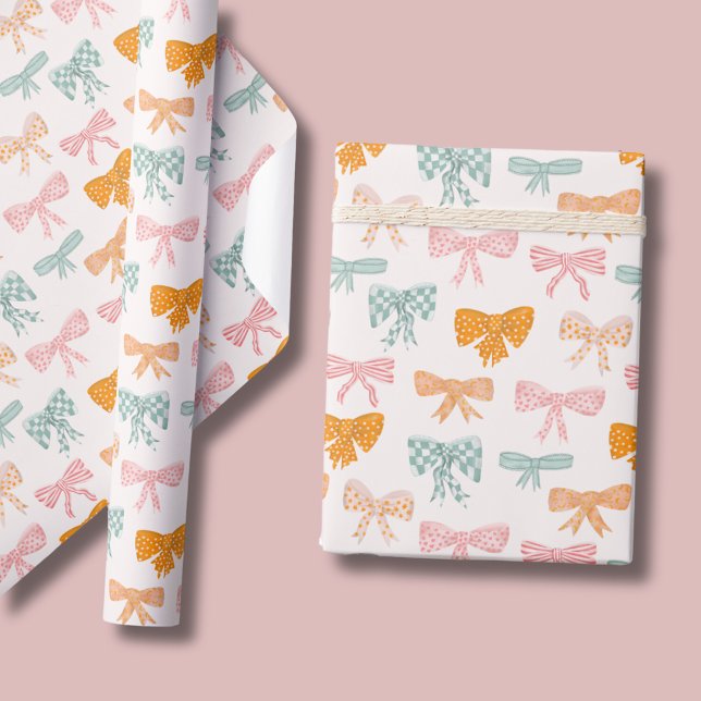 Coquette Rosa Pastellbohnen Geschenkpapier (Cute pastel coquette bow wrapping paper. Each bow features a difference pattern.)