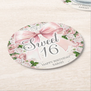 Coquette Rosa Schleife Floral Vintage Sweet 16 Runder Pappuntersetzer