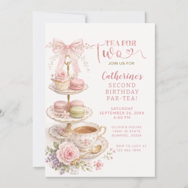 Coquette Rosa Schleife Tea For Two Mädchen-Geburts Einladung (Vorderseite)