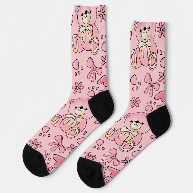 Coquette Rosa Teddybär Nahtloses Muster Socken (Linkes Detail)