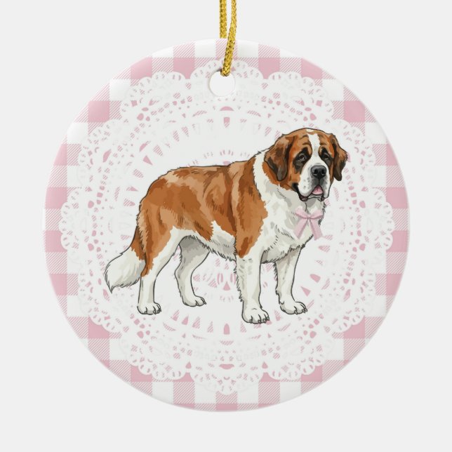 Coquette Saint Bernard Dog Pink Gingham Bows Keramik Ornament (Vorne)
