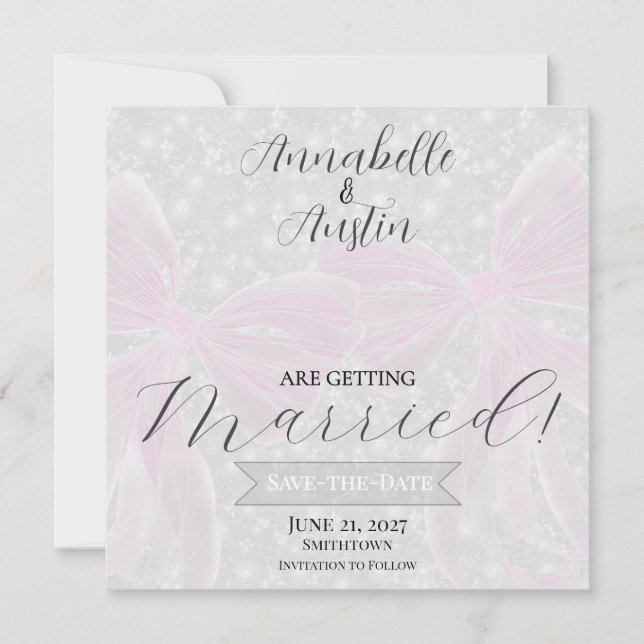 Coquette Schlichte rosa Schleifen Flach Save The D Date (Vorderseite)