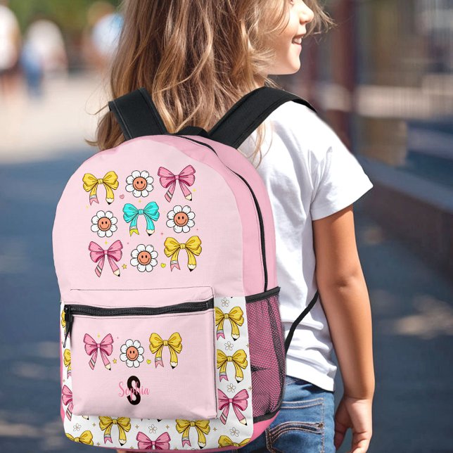 Coquette School Girl Niedlich Pink Bow Pencil Mono Bedruckter Rucksack (Coquette School Girl Cute Pink Bow Pencil Monogram Printed Backpack)