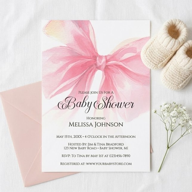 Coquette Script Pink Bow Girl Baby Shower Einladung (Coquette Pink Bow Baby Shower Invitation)