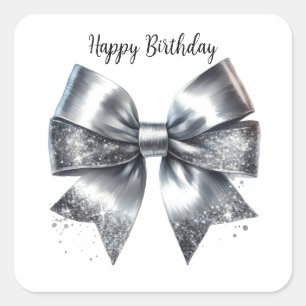 Coquette Silver Metallic Bow Birthday Quadratischer Aufkleber