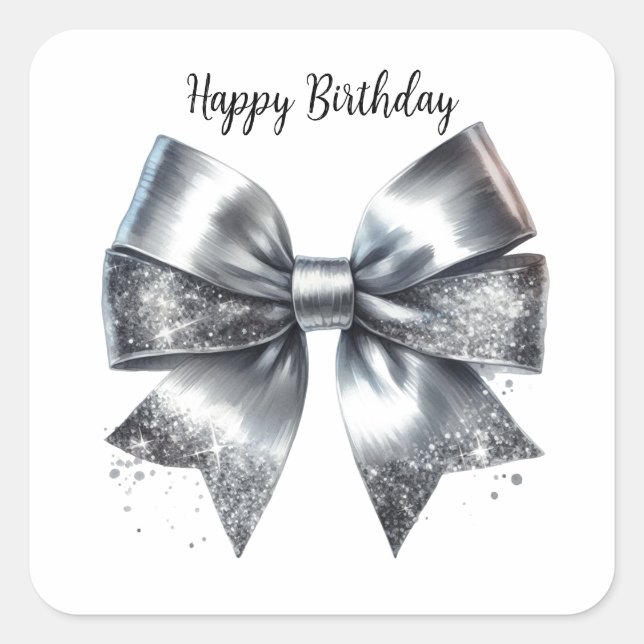 Coquette Silver Metallic Bow Birthday Quadratischer Aufkleber (Vorderseite)