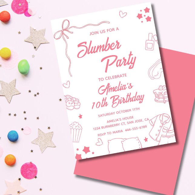 Coquette Slumber Party Invitation for Girls Einladung (Pink coquette kids pajama party invite with bows, pastel details, and cute girly sleepover icons.)