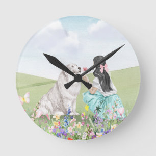Coquette Spring Girl and Hunde Ästhetische Wall Uh Runde Wanduhr