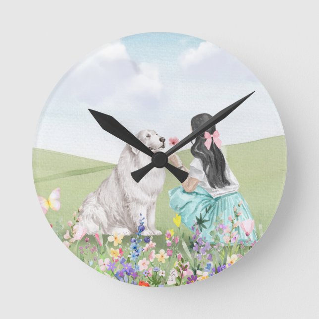 Coquette Spring Girl and Hunde Ästhetische Wall Uh Runde Wanduhr (Vorderseite)