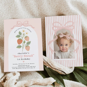 Coquette Strawberry Blush Pink Bow Birthday Foto Einladung