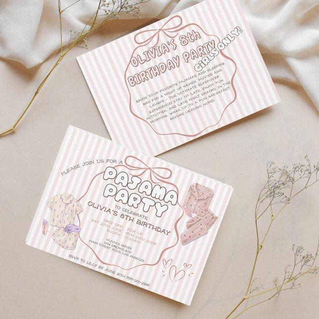 Coquette Streifen & Bugpajama Party Geburtstag Einladung (Von Creator hochgeladen)