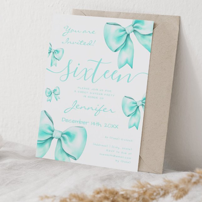Coquette Türkis Aquamarin Bow Sweet 16 Party Einladung (Coquette Turquoise Teal Bow Sweet 16 Party Invitation)