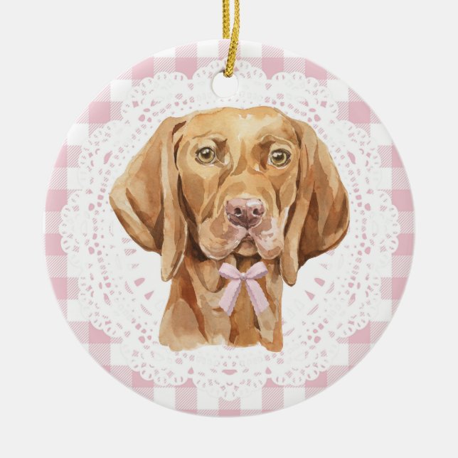 Coquette Vizsla Dog Pink Gingham Bows Keramik Ornament (Vorne)