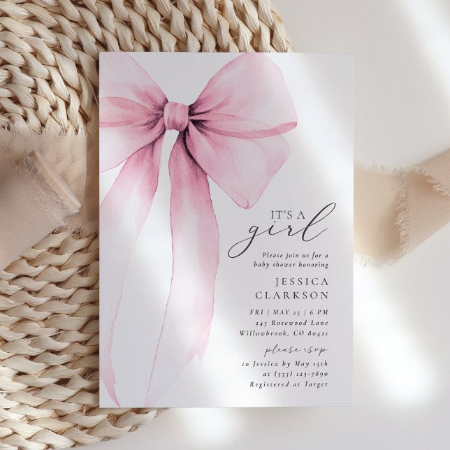 Coquette Watercolor Big Pink Bow Babydusche Einladung (Von Creator hochgeladen)