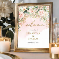 Coquette weiche rosa Rosen Gold Hochzeit Begrüßung