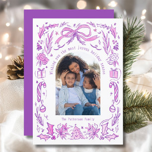 Coquette Weihnachtsfamilie Foto Lila Pink Doodle Feiertagskarte