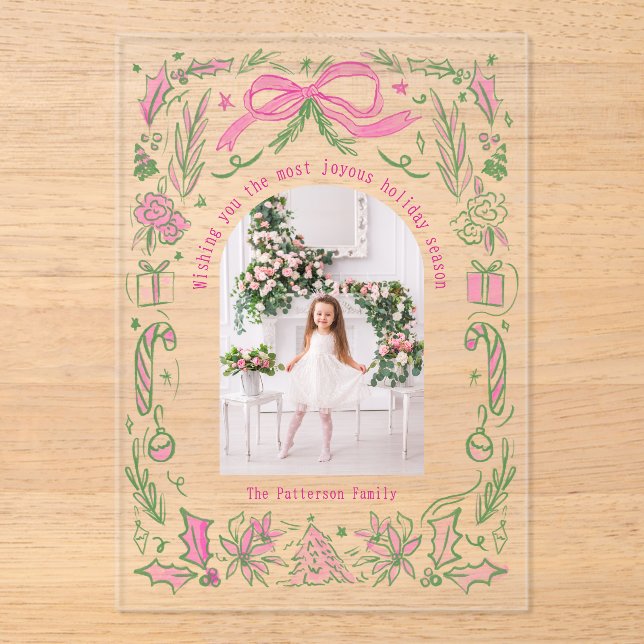 Coquette Weihnachtsfamilie Foto Pink Green Doodle Acryleinladungen (Vorderseite)