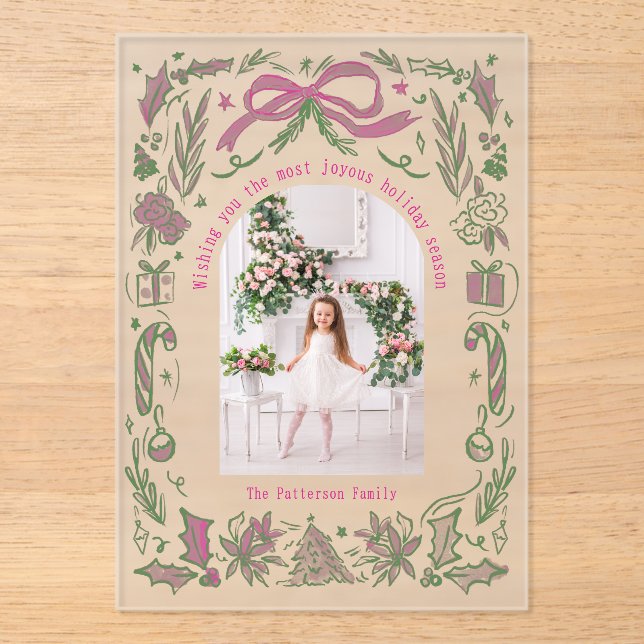 Coquette Weihnachtsfamilie Foto Pink Green Doodle Acryleinladungen (Vorderseite)