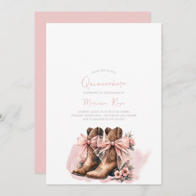 Coquette Western Stiefts Quinceanera Geburtstag Einladung (Vorne/Hinten)
