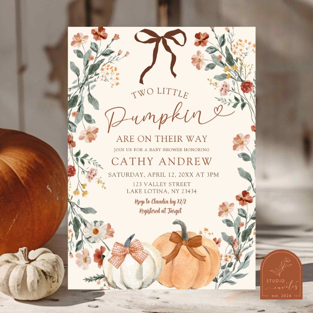 Coquette Wildflower Pumpkin Twins Baby Shower  Einladung (Von Creator hochgeladen)