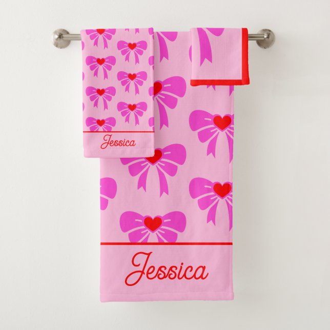 Coquette y2k Ribbon Muster Red & Pink Preppy Name Badhandtuch Set (Insitu)