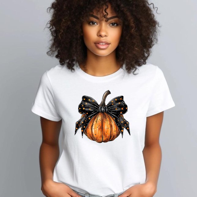 Coquettish Halloween Pumpkin Stars Black Bow T-Shirt (Von Creator hochgeladen)